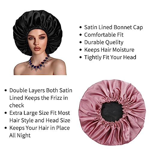 Satin Bonnet Silk Hair Cap: 2pcs Double Layer Reversible Extra Large Jumbo Adjustable Satin Lined Stainless Oversized Bonnets Sleep Night Cap No Slip-Off for Women Braids Sleeping (Black+Rosegold)