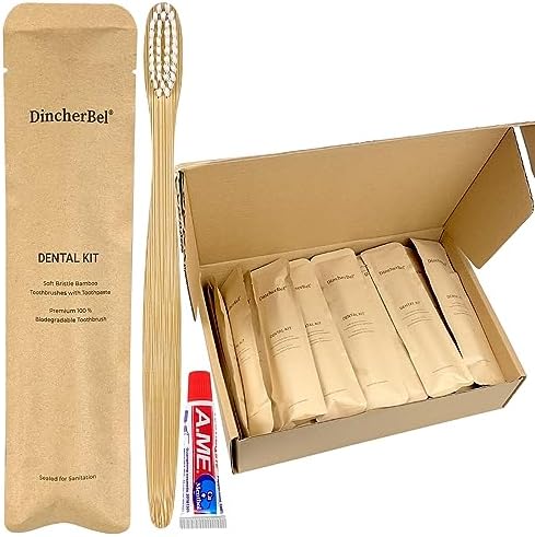 Bamboo Toothbrushes Kit Bulk, Disposable Toothbrushes with Toothpaste(6g), Individually Wrapped Toiletries Amenities for Hotel, Airbnb, Homeless, Shelter, Camping and Travel (50 Pack)