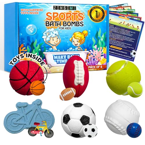 Bath Bombs with Toys Inside W/Educational Flash Cards - Bath Bombs for Kids - 2.5 oz Gift Set of 6 Scented Organic Handmade with Natural Essential Oils - Sports Surprise Inside by Zenseme