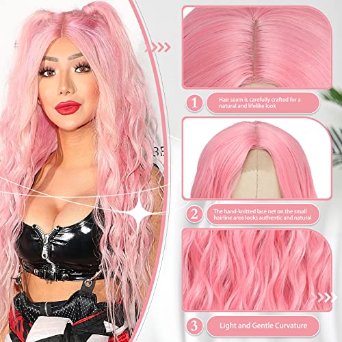 Cosplay Long Pink Wig 28 Inch Middle Part Synthetic Wig Realistic Gifts Party Wigs for Women Daily Use Colorful Wigs (Pink)