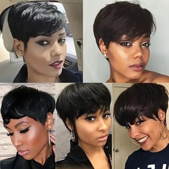 Pixie Cut Wig Human Hair Short Pixie Cut Wigs for Black Women Human Hair Glueless Pixie Wig Short Layered Brazilian Virgin Human Hair Wigs For Women Color 1B#