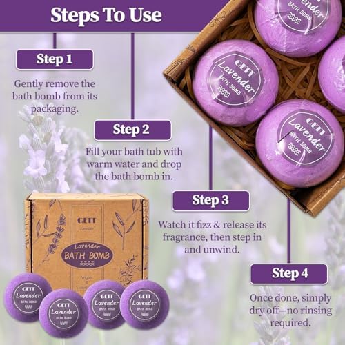 GETT Lavender Bath Bombs 4-pcs, Individually Wrapped Bath Bombs for Men & Women, Luxury Gift Set with Vegan and Essential Oils, Relaxing and Moisturizing Bubble Bath, Organic Bath Essentials for All