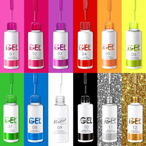 Nail Liner Gel Polish Kit,12 Colors Line Art Painted DIY Nail Polish,2in1 Ultra-fine Brush Head French Pull Line Graffiti Drawing Flower Stripe Design UV Gel Varnish For Nail Art Salon