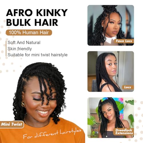 Afro Kinkys Bulk Human Hair, 12 inch 4c Kinky Curly Bundles Human Hair for Twist/Permanent Loc Extensions/Braiding/Repair Locs Can Dye and Bleach(50 Gram),Black