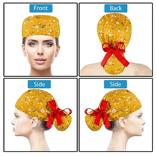 Scrub Caps Women Bouffant Scrub Hats Caps Nurses, Adjustable Working Cap Ponytail Pouch Tie Back Hats