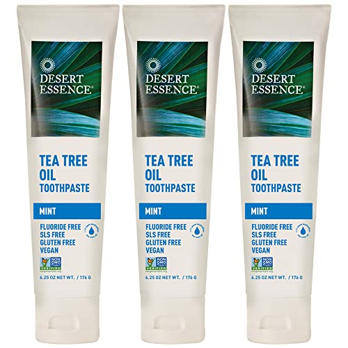 Desert Essence Tea Tree Oil Toothpaste - Mint - 18.75 Oz (6.25 Oz * Pack of 3) - Refreshing Taste - Deep Cleans Teeth & Gums - Helps Fight Plaque - Sea Salt - Pure Essential Oil - Baking Soda