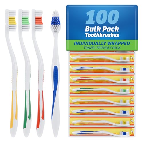 FactorDuty 100 Pack Toothbrush Standard Classic Medium Soft Toothbrush Bulk Individually Wrapped