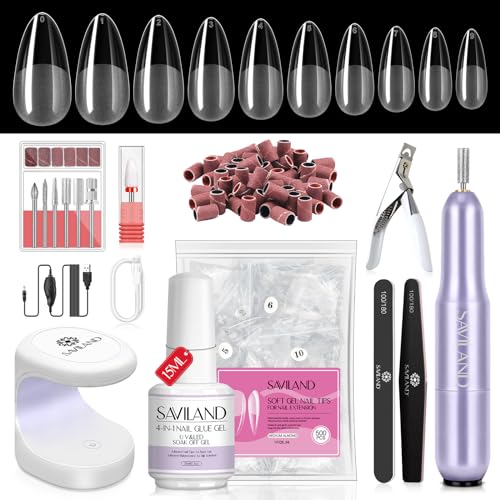 SAVILAND Almond Gel Nail Kit - Nail Drill with U V Lamp for Nails 500PCS Almond Nail Tips Gel SSProTip X Kit Easy Use Manicure Tool for Manicure Design at Home DIY Salon Gift for Women