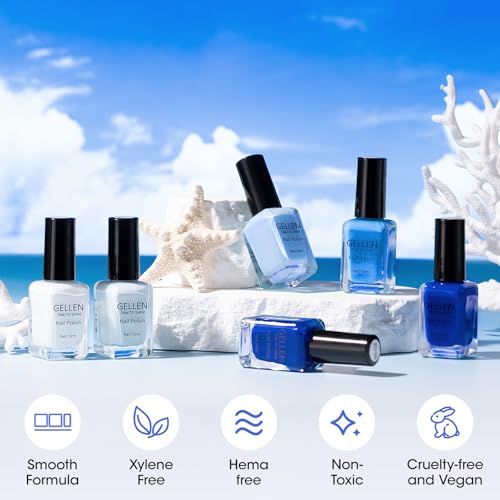 GELLEN Blue Nail Polish, Bright Navy Royal Baby Ocean Cobalt Blue White 6 Colors Set, insta Air Dry Natural Traditional Regular Nail Polish for Acrylic Natural Nails Salon Home, Non UV Gel, Hema Free
