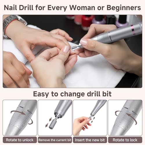 Nail Drill, Portable Electric Nail File 45000RPM, Rechargeable Nail Drill Professional with Bits & Base, for Acrylic Gel Nails, E-File Machine, Manicure Polishing, for Salon Home, White