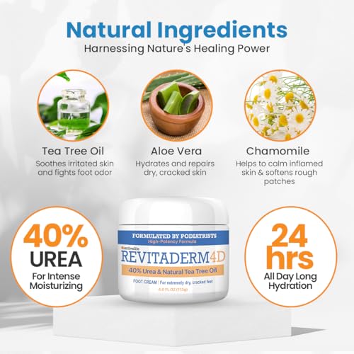 Revitaderm 4D Urea Cream 40 Percent for Feet Maximum Strength, for Dry Hands, Elbows and Knees, Callus Remover for Feet, Free Pumice Stone, 4oz, 1 Pack