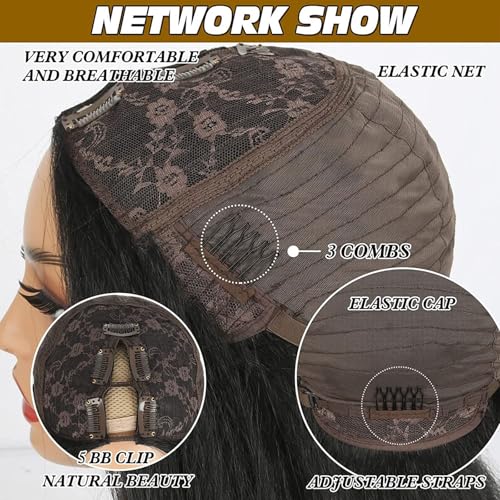 Long V Part Body Wavy Wig With Black With Highlight Brown Upgrade U Part Synthetic Water Wavy Wigs for Black Women Full Head Clip In Hair Glueless Synthetic Wigs (Black Mix Brown)
