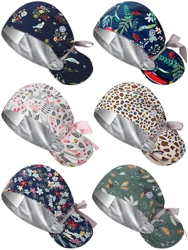 6 Pcs Satin Lined Scrub Caps Women Nurse Surgical Hat with Buttons Ponytail Working Adjustable Pouch Tie Back