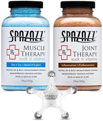 Spazazz Hot Tub Aromatherapy Spa and Bath Salts Crystals 2 Pack Bundle- One 19 Oz Jar Each Spazazz Muscle Therapy and Joint Therapy Plus a 5 Point Massager- Safe for All Spa and Hot Tub