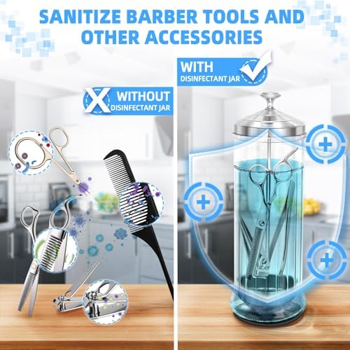 Glass Disinfectant Jar with anti-slip pad 53 Oz/1500ML, Barber Disinfectant Jar With Removable Basket, Large Sterilizing for Manicure & Pedicure Implements Stainless Steel 11.7"H x 3.8"W