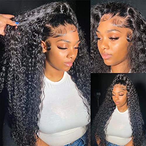 Deep Wave Lace Front Wigs Human Hair 13x4 HD Transparent Lace Frontal Curly Wigs for Women 180% Density Glueless Wigs Human Hair Pre Plucked with Baby Hair Natural Color (26 Inch)