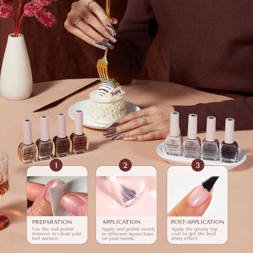 AZUREBEAUTY Brown Shades Champagne Glitter Nail Polish Set 8 Colors, Quick Dry Natural Nail Lacquer Strengthening Treatment Kit DIY Salon