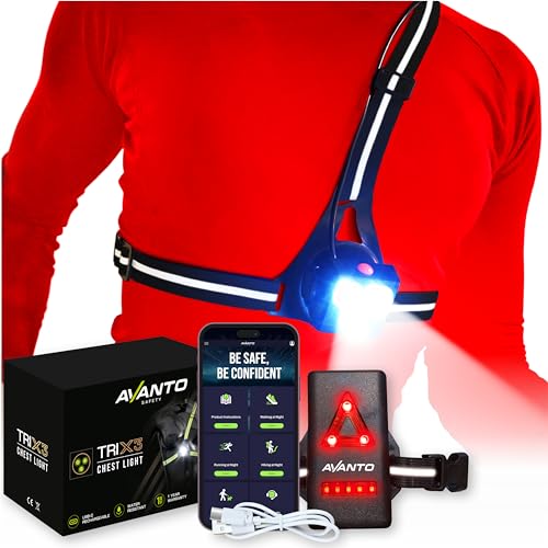 AVANTO Triple Beam Chest Lamp, Original, 500 Lumen LED Night Running Lights for Runners, Dog Walking Light, Long 5-7h Usetime, USB-C Rechargeable Battery, Running Headlamp, Reflective Vest, Black