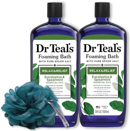 Dr. Teal's Eucalyptus and Spearmint Foaming Bath 34oz Bottles (Pack of 2) with Variety Junction Premium Bath Sponge - Relax and Relief, Bubble Bath, Relaxing, Men's and Women's, Clear