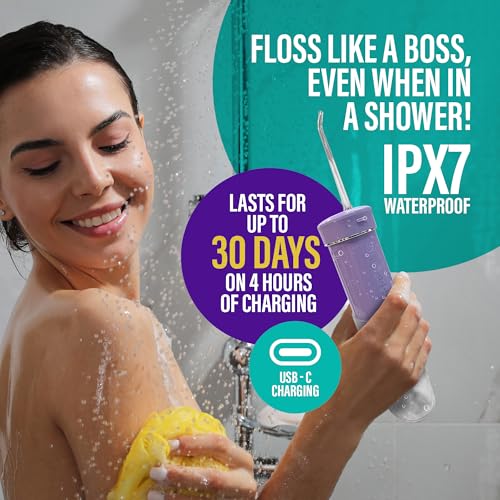 GuruNanda Compact Water Dental Flosser, Portable Travel Size Oral Irrigator Flosser with Collapsible 180 ml Tank, Smart Timer, 4 Flossing Modes, TSA-Approved - Lavender