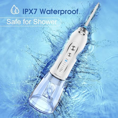H2ofloss Water Dental Flosser Portable Dental Oral Irrigator with 5 Modes, 6 Replaceable Jet Tips, Rechargeable IPX7 Waterproof Teeth Cleaner for Home and Travel -300ml Detachable Reservoir (HF-6)