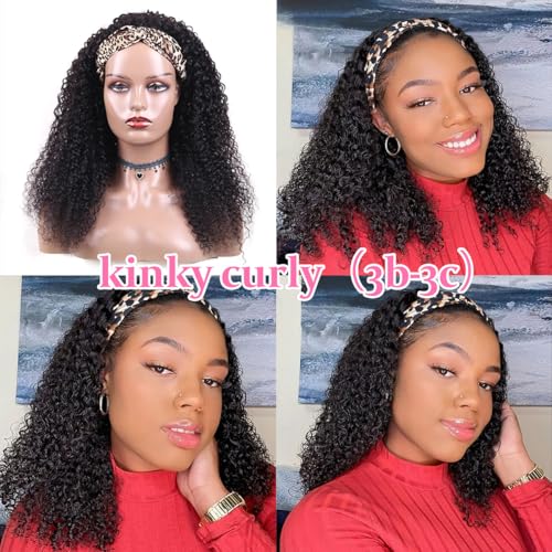 Smoothair Headband Wig Human Hair Kinky Curly Headband Wigs for Black Women Human Hair Wigs Glueless 18 Inch None Lace Front Wigs Brazilian 150% Density