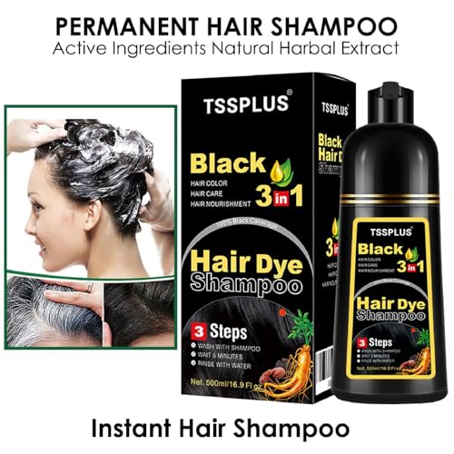 TSSPLUS Black Hair Dye Shampoo, 500ml - Organic Natural Hair Color Dye Shampoo for Women & Men, Instant Gray White Hair Cover, Plant Essence, Semi-Permanent