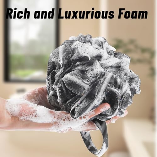 Loofah with Long Handle - Extra Large Soft PE Bath Sponge, Superior Mesh Body Scrubber for Shower with Hanging Rope - Exfoliating Back Scrubber for Shower, Suitable for Men & Women (Black)