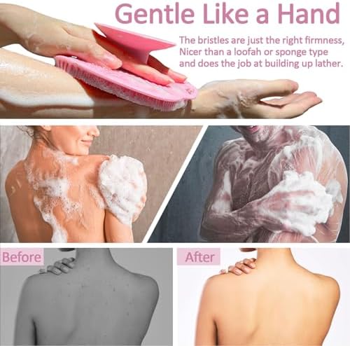Soft Silicone Body Scrubber Gentle Like a Hand Exfoliating Your Skin and Build Up Lather Easily, Back Large Suction Cup Easy to Store, Long-Lasting & Deep Clean (Pink)