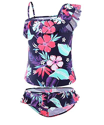Girls Two Piece Tankini Swimsuit Hawaiian Ruffle Bathing Suit Summer Beach Swimwear Set Purple 4T
