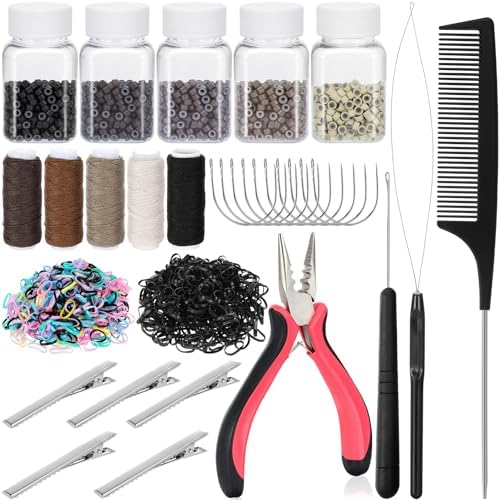 Hair Extension Tools Kit, 2500 Silicone Lined Micro Rings, 1 Plier, 1 Comb, 1 Threader, 1 Crochet Hook, 10 Curved Hair Needle, 5 Metal Hair Clips, 5 Rolls Sewing Threads, 1000 Mini Rubber Bands