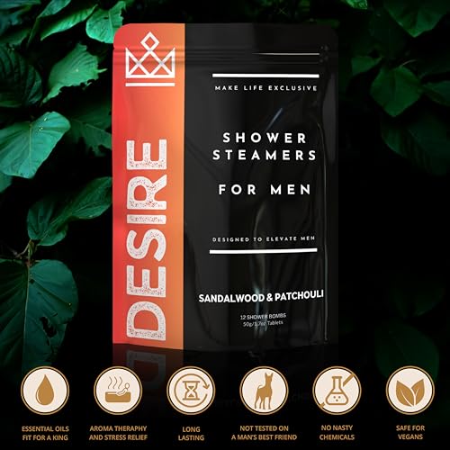 Shower Steamers for Men - Desire - Sandalwood & Patchouli Organic Shower Bombs - 12 Pack Natural Relaxing Tablets - Strong Scented Long Lasting Aromatic Steamers - Shower Steamers for Men