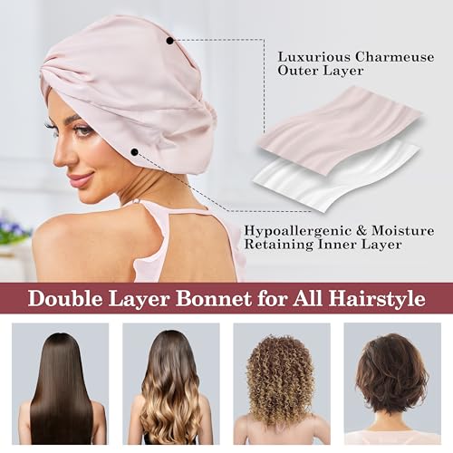 Adjustable Silk Satin Bonnet for Sleeping Hair Wrap, Double Layer Sleep Cap, Night Turban for Large Long Curly Braid Women Men Hair - Pale Blush Pink
