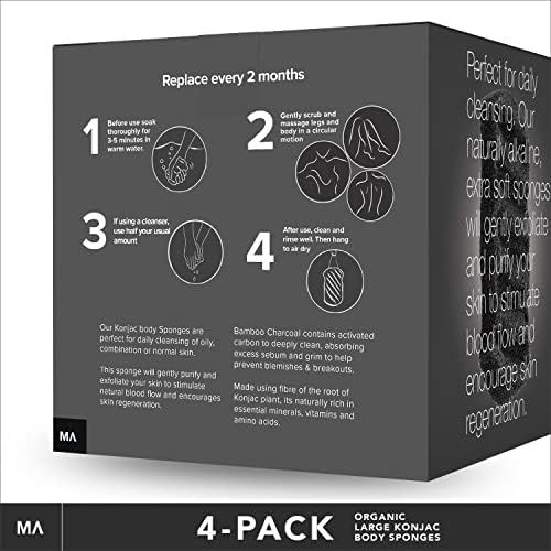 Minamul Konjac Exfoliating Organic Body Sponge | Gentle Daily Body face Scrub/Skincare | Infused with Best Bamboo Activated Charcoal | Safe for Oily, Dry, Combination or Sensitive Skin | 4 Pack Set