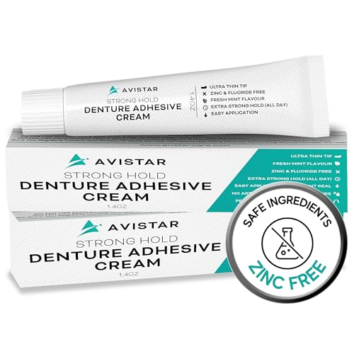 Extra Strong Denture Adhesive Cream, 12 Hour Hold Dental Glue, Waterproof, Zinc & Fluoride Free, Easy Apply Nozzle, Seals Food Out for Comfort, Mint Flavor (2 Pack, 2.8 Fl Oz)