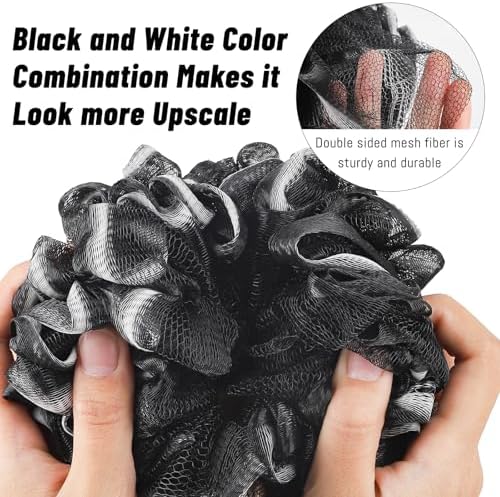Loofah with Long Handle - Extra Large Soft PE Bath Sponge, Superior Mesh Body Scrubber for Shower with Hanging Rope - Exfoliating Back Scrubber for Shower, Suitable for Men & Women (Black)