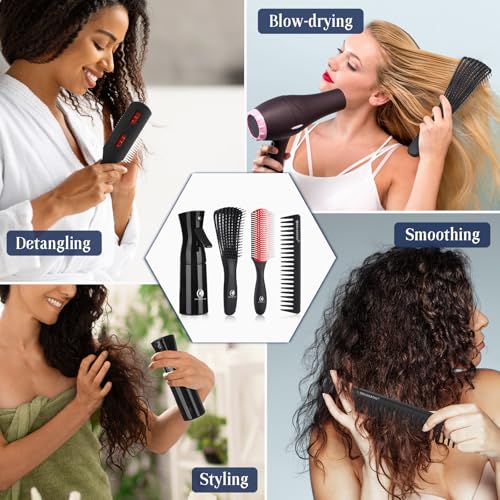 Hair Brush Set, Detangler Brush for Natural 3/4abc Curly Hair, Hair Brushes for Women Men Kids Detangling Styling with Spray Bottle