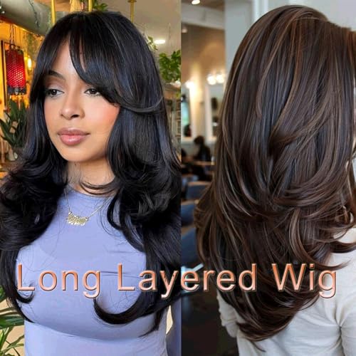 Aisaide Long Wavy Black Layered Wig with Curtain Bangs for Black Women,Synthetic Layered Long Wavy Wig Butterfly Haircut with Thin Hair for Women 24inch(1B)