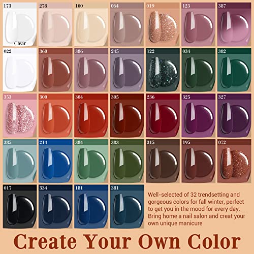 AZUREBEAUTY 42Pcs Dip Powder Nail Kit Starter, 32 Colors All Season Set Green Nude Brown Blue Dipping Powder Set with Top/Base Coat & Recycling Tray for French Art Manicure Salon