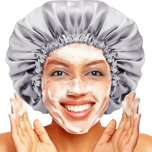 Shower cap for women,Luxury Silk Lined Shower Cap, Machine Washable, Adjustable Size & Reusable,Large Satin Shower Cap for all hair-gray