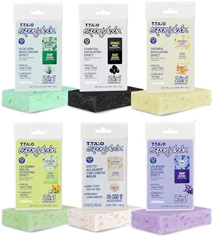 T.Taio Esponjabon Soap Sponge Variety Pack - Shower Scrubber & Bath Wash Scrub - Massage Face - Bathroom Accessories - Mother of Pearl, Aloe Vera, Lavender, Charcoal, Cucumber-Melon, Oatmeal (6 Pack)