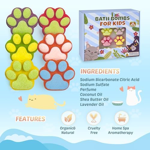 Bath Bombs for Kids with Surprise Inside, 32 Pack Paw Bath Bombs with Toy, Ocean Animals and Space Planet Toys SPA Fizzy Handmade Natural Bath Bomb Gift Set at Christmas, Birthday