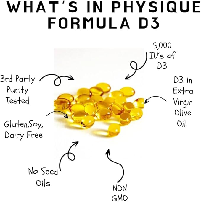 Physique Formula Vitamin D3 5000 IU (125 mcg) in Olive Oil All Natural Non-GMO Vitamin D3 Softgels to Support Muscle, Bone,& Immune System Health