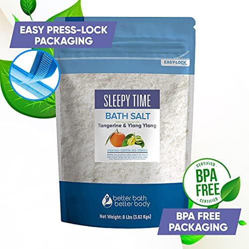 Sleepy Time Bath Salt 128 Ounces (8 Lbs) Epsom Salt with Natural Tangerine and Ylang Ylang Essential Oils Plus Vitamin C in BPE Free Bulk Size Pouch with Easy Press Lock Seal Made in USA