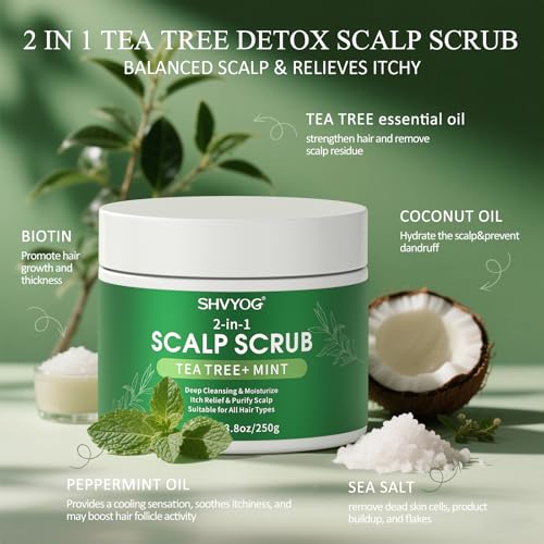 SHVYOG Scalp & Body Scrub, Tea Tree Exfoliator Scrub Shampoo with Peppermint & Sea Salt, Anti-Dandruff Detox Clarifying Exfoliator for Build Up, Itchy Scalp, Oily & Dry Hair with Scalp Massager