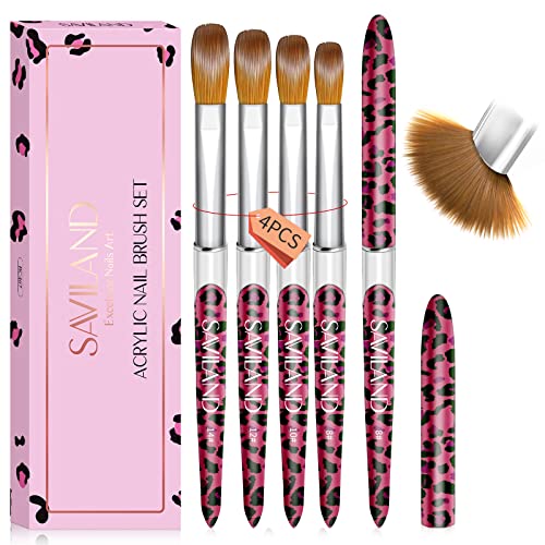 SAVILAND 4PCS Kolinsky Acrylic Nail Brush Set - Professional Nails Brushes for Acrylics Powder Application & 3D Nail Art, Sizes 8/10/12/14 Acrylic Brushes - Essential Nail Extension Kit Salon Home