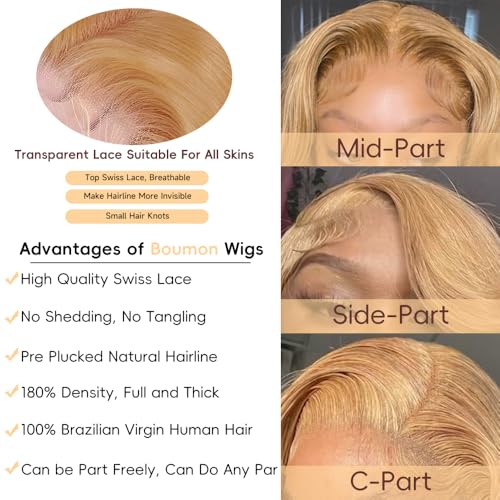 Honey Blonde Wig Human Hair 200% Density 13x4 Blonde Wig Human Hair Body Wave Lace Front Wigs Human Hair Pre Plucked Colored 27# Lace Frontal Wigs 24 Inch