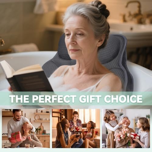Bath Pillows for Tub - Luxury Bathtub Pillow Neck, Head, Back Support, Soft 4D Mesh Fabric and Non-Slip Suction Cups & Quick Dry, Comfort Fits All Tubs, Relaxation Spa Gift, Grey