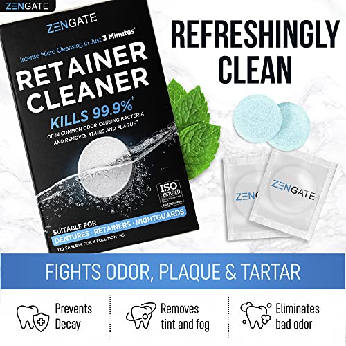 Retainer Cleaner Tablets - Quick 3-Minute Clean for Dentures, Mouth Guards, Aligners, and Night Guards - 120 Dental Cleansing Tablets - FSA HSA Approved Dental Appliance Cleanser