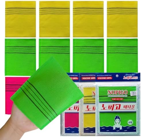 The Original Korean Exfoliating Mitt Body Scrub-12pcs (green4 red4 yellow4). Asian Exfoliating Bath Washcloth for Dead Skin, Bath Sponge,Body exfoliate Glove.